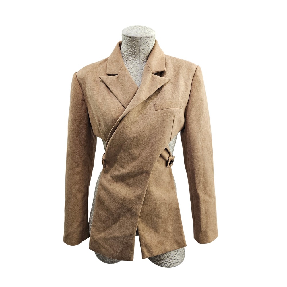Lioness Cutout Wrap Blazer Jacket Womens Small Tan Faux Suede Open Back‎ Buckle